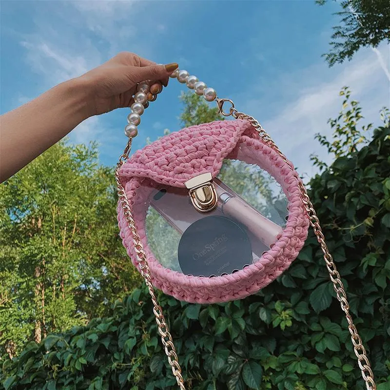 Cute Round Blue(Flap) Crochet Crossbody Purse PMMA Crochet Shoulder Round Handbag for Girl Circle Crochet Crossbody Purses