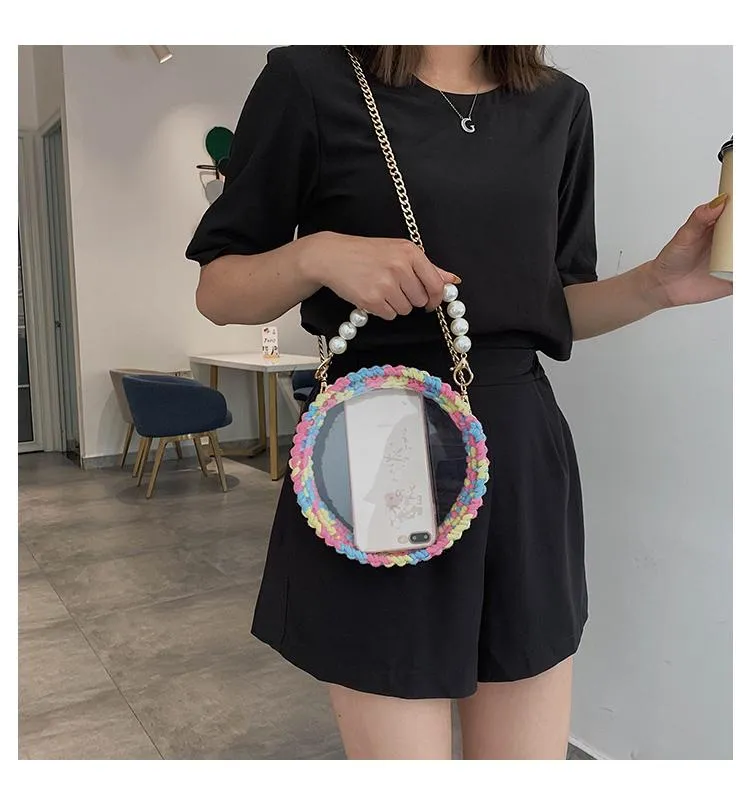 Cute Round Blue(Flap) Crochet Crossbody Purse PMMA Crochet Shoulder Round Handbag for Girl Circle Crochet Crossbody Purses