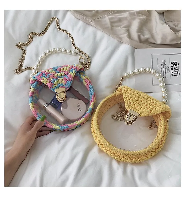 Cute Round Blue(Flap) Crochet Crossbody Purse PMMA Crochet Shoulder Round Handbag for Girl Circle Crochet Crossbody Purses