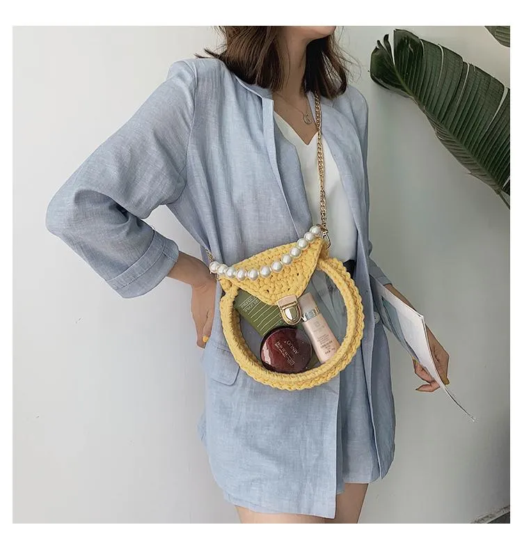 Cute Round Blue(Flap) Crochet Crossbody Purse PMMA Crochet Shoulder Round Handbag for Girl Circle Crochet Crossbody Purses
