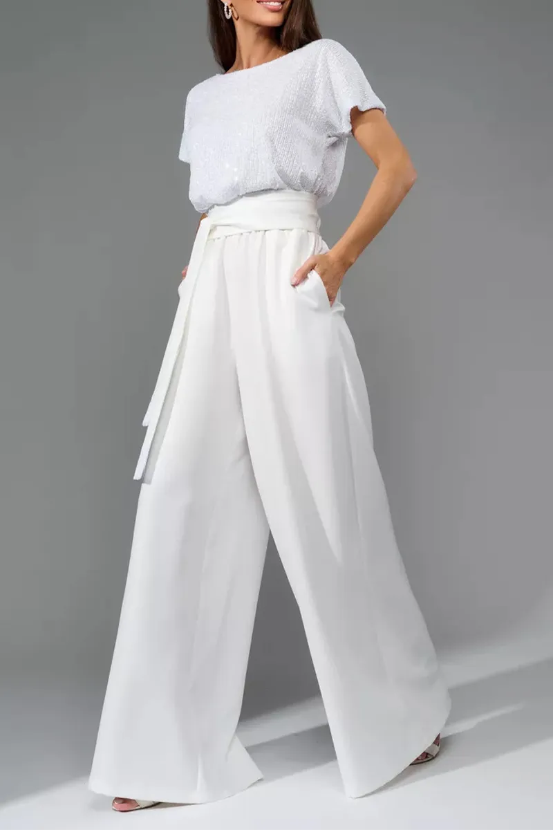 Daily Elegant Solid Color Sequins Strap Design O Neck Loose Jumpsuits