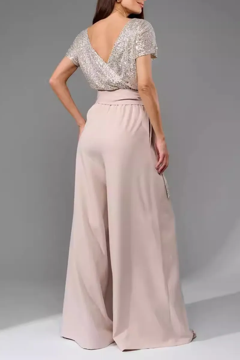 Daily Elegant Solid Color Sequins Strap Design O Neck Loose Jumpsuits