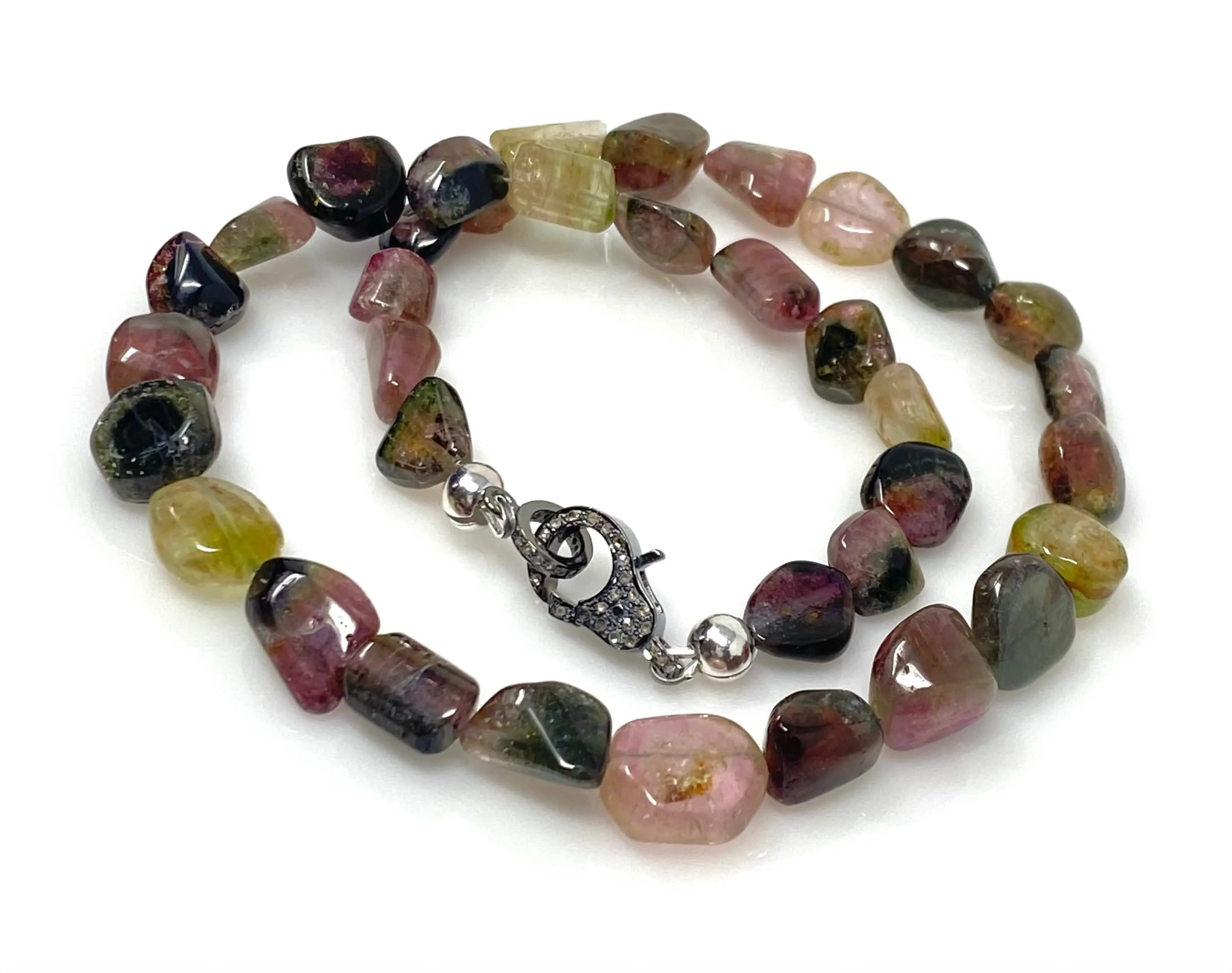 Elegant 17.25” Bi-Color Tourmaline and Diamond Clasp Necklace