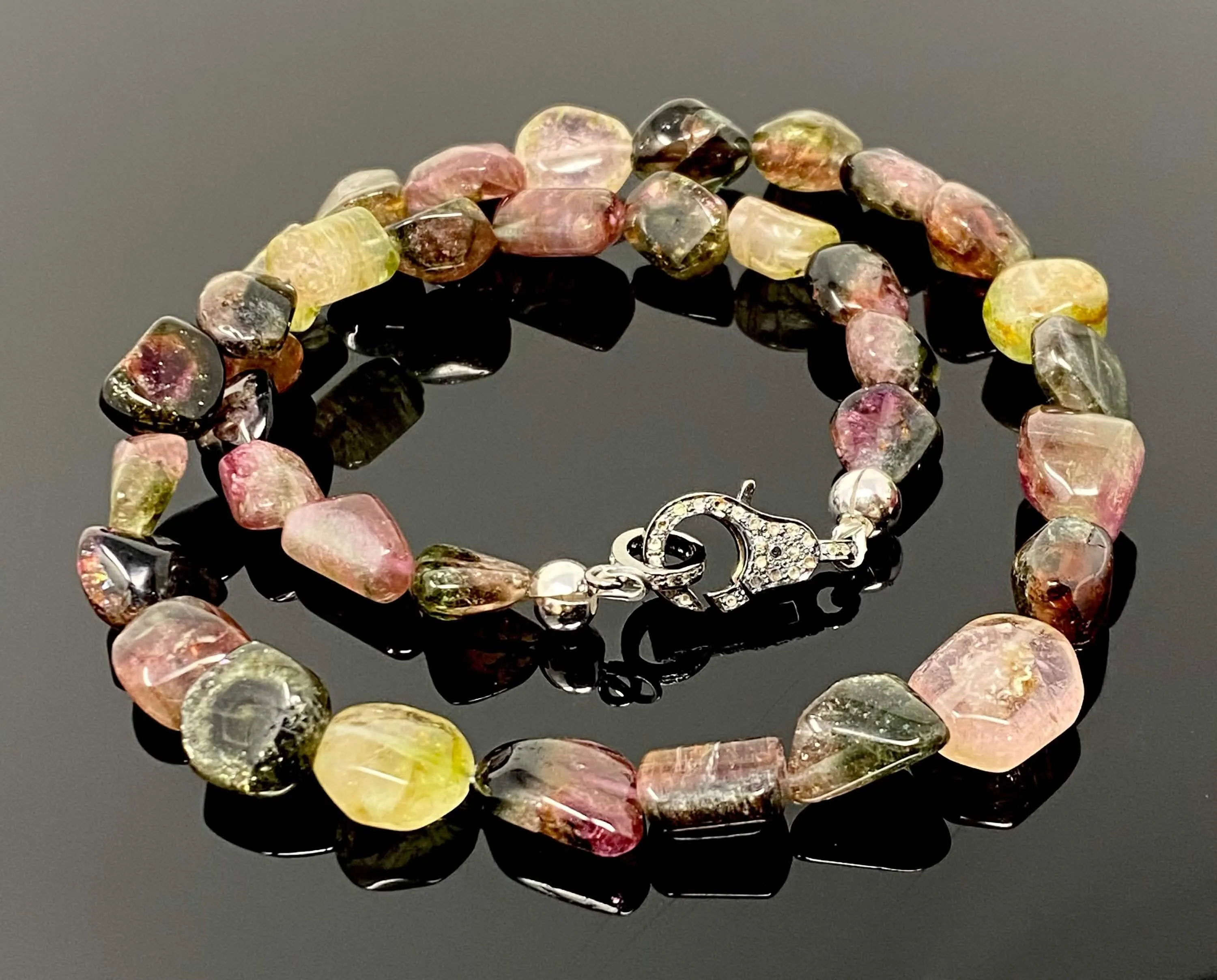 Elegant 17.25” Bi-Color Tourmaline and Diamond Clasp Necklace