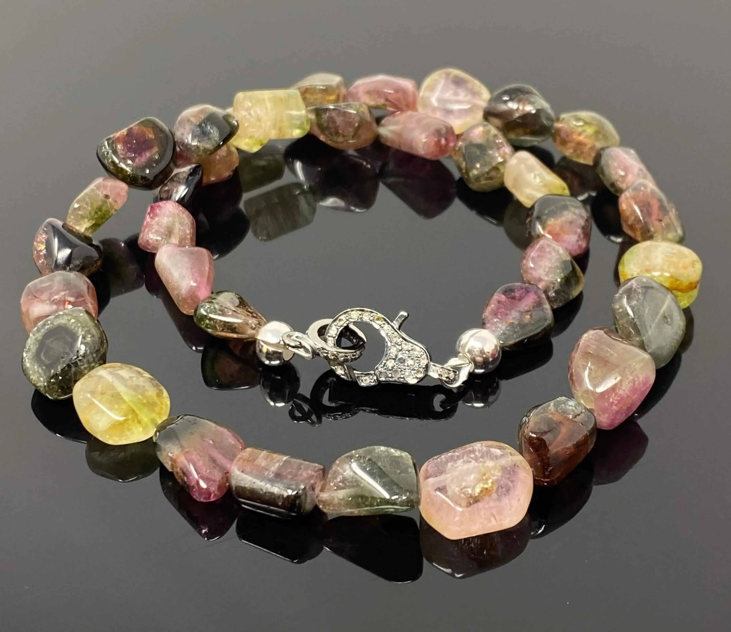 Elegant 17.25” Bi-Color Tourmaline and Diamond Clasp Necklace