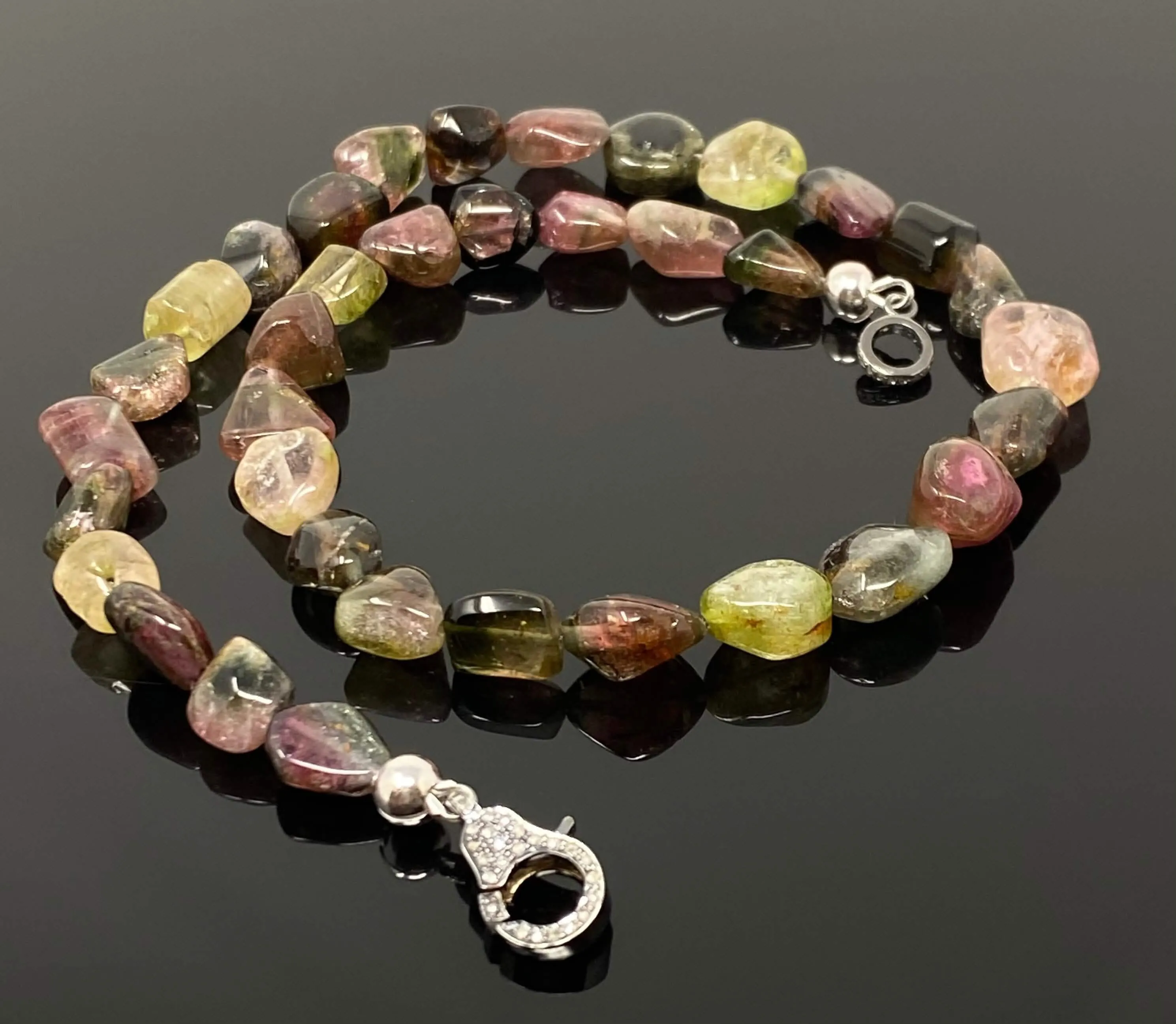 Elegant 17.25” Bi-Color Tourmaline and Diamond Clasp Necklace