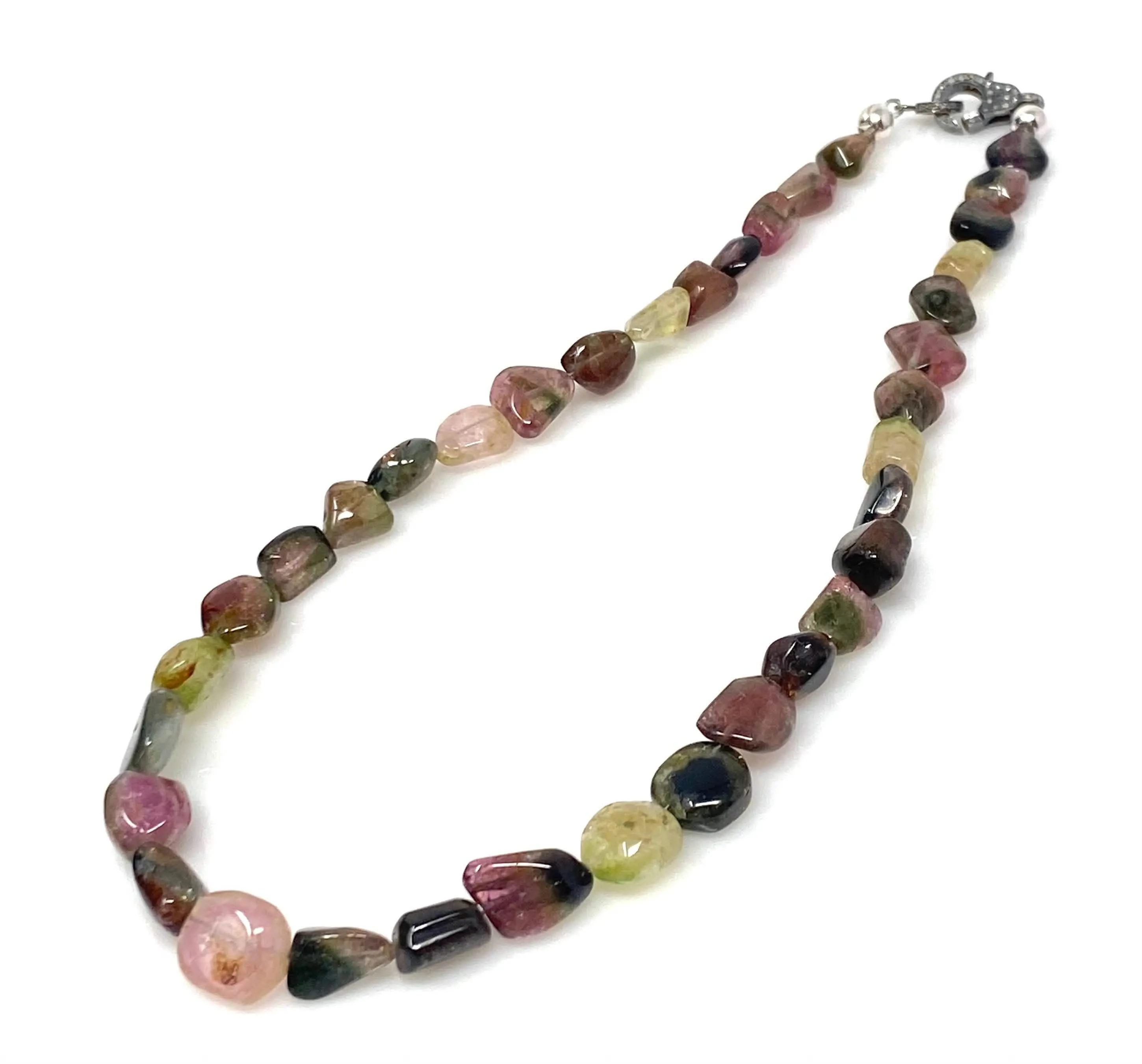 Elegant 17.25” Bi-Color Tourmaline and Diamond Clasp Necklace