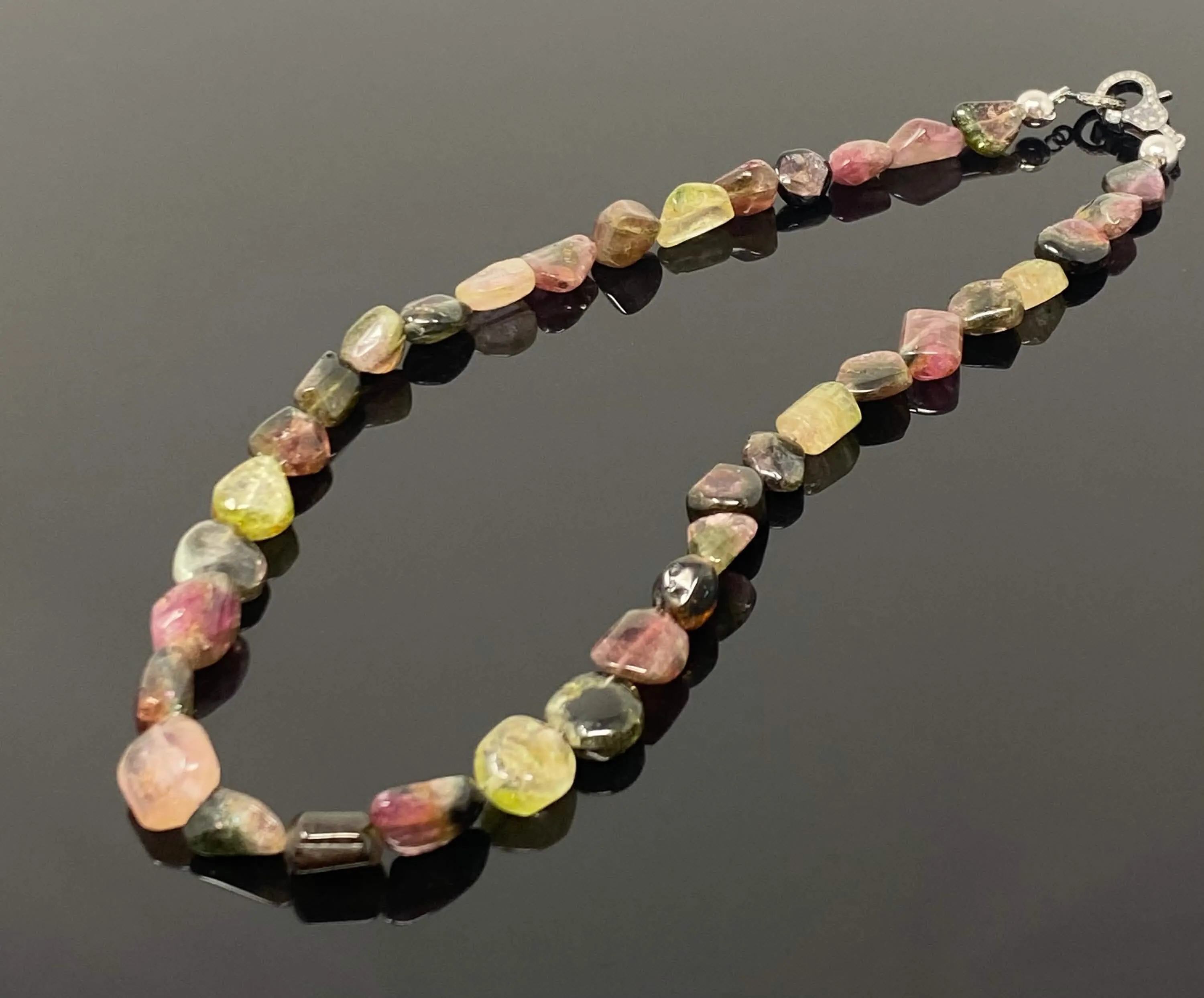 Elegant 17.25” Bi-Color Tourmaline and Diamond Clasp Necklace