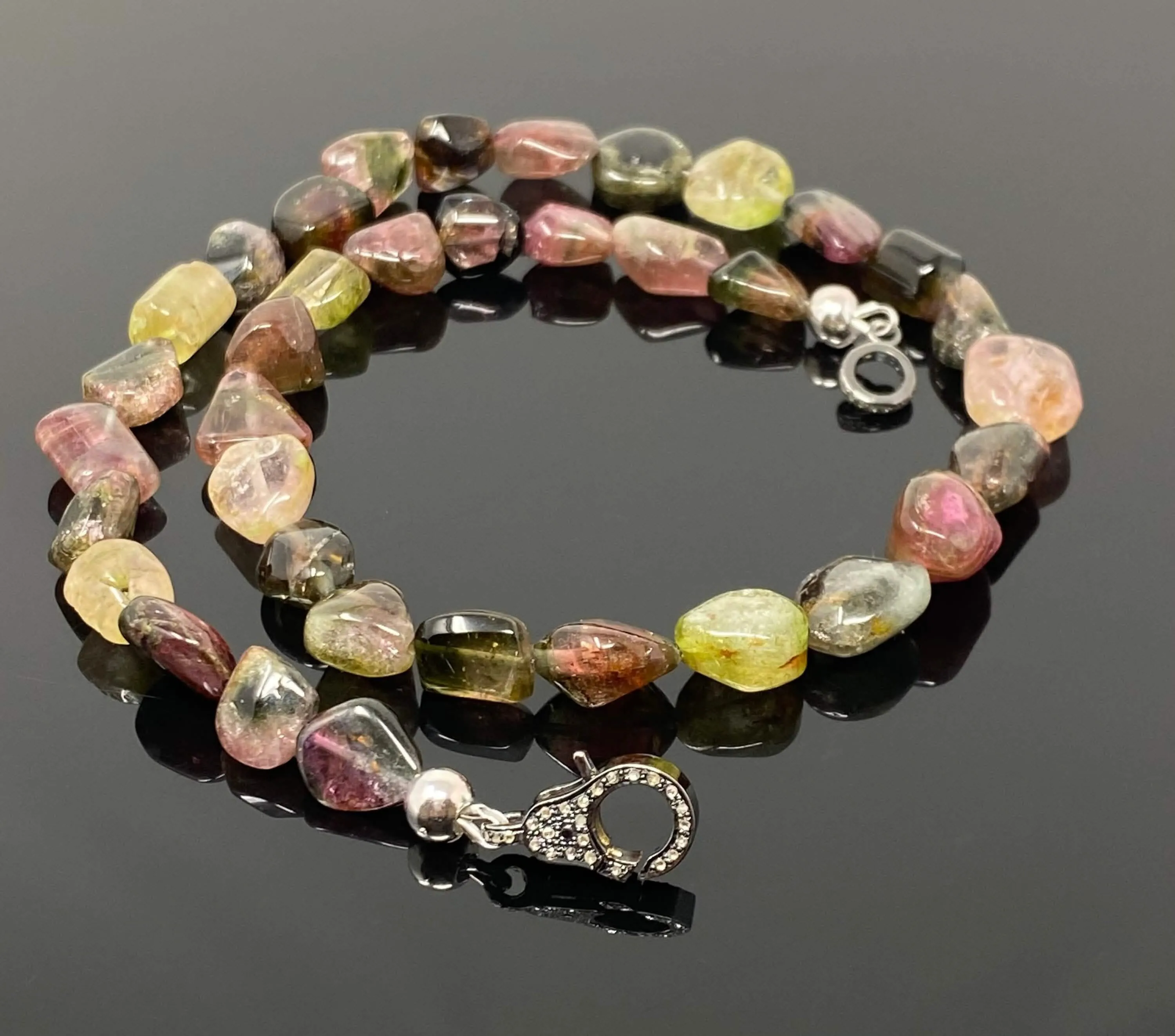 Elegant 17.25” Bi-Color Tourmaline and Diamond Clasp Necklace