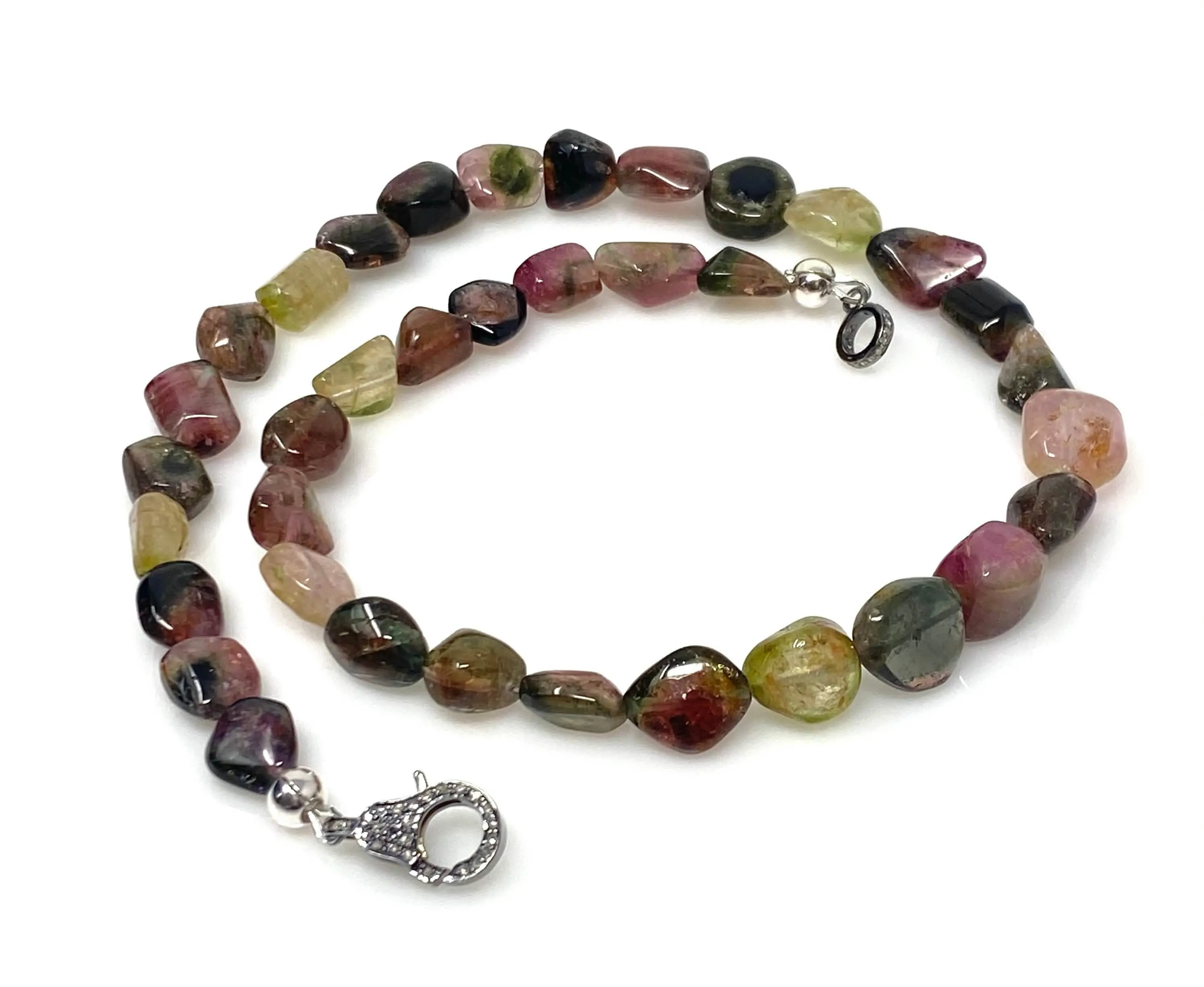 Elegant 17.25” Bi-Color Tourmaline and Diamond Clasp Necklace