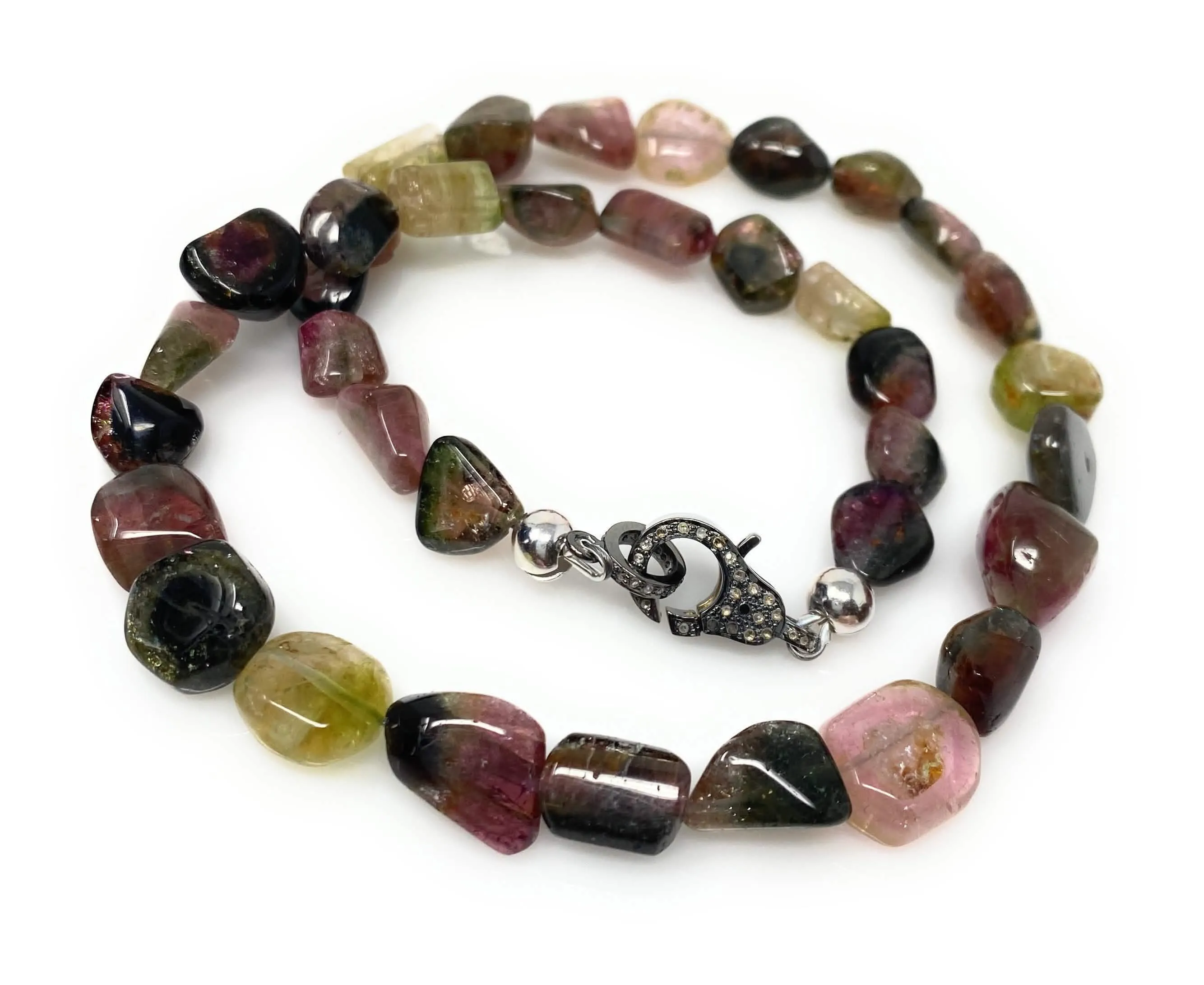 Elegant 17.25” Bi-Color Tourmaline and Diamond Clasp Necklace