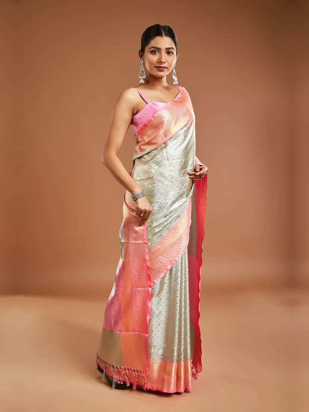 Elegant Grey and Pink Color Tissue Saree