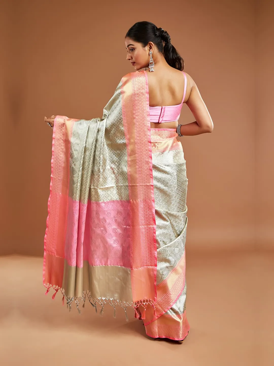 Elegant Grey and Pink Color Tissue Saree