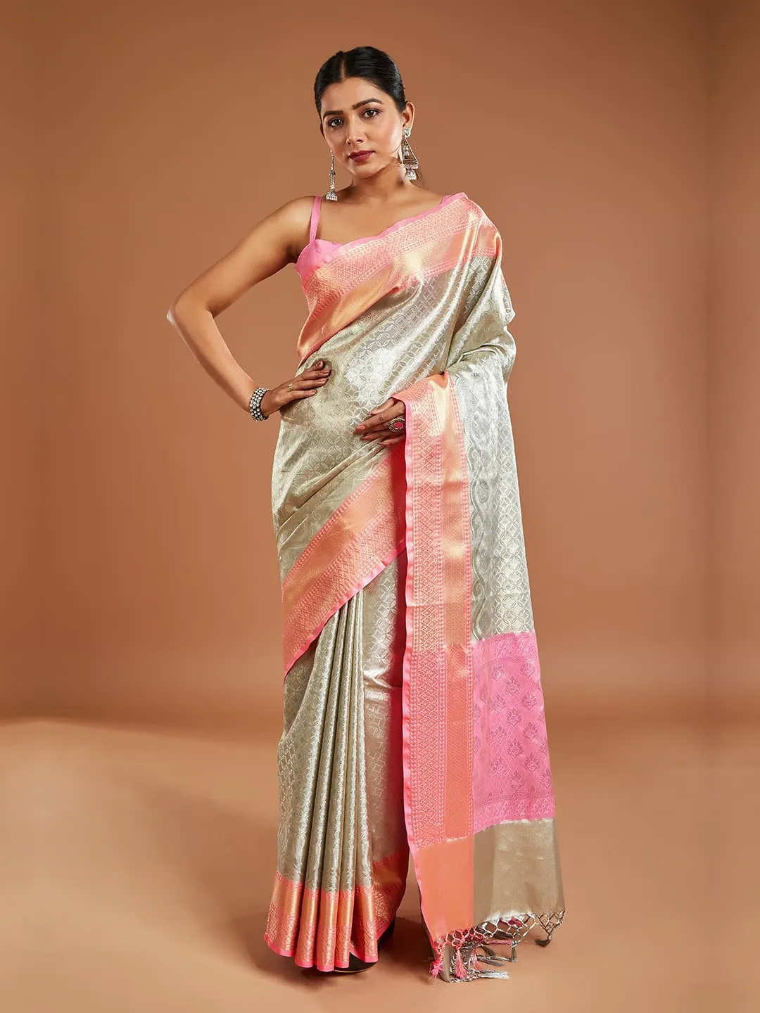 Elegant Grey and Pink Color Tissue Saree