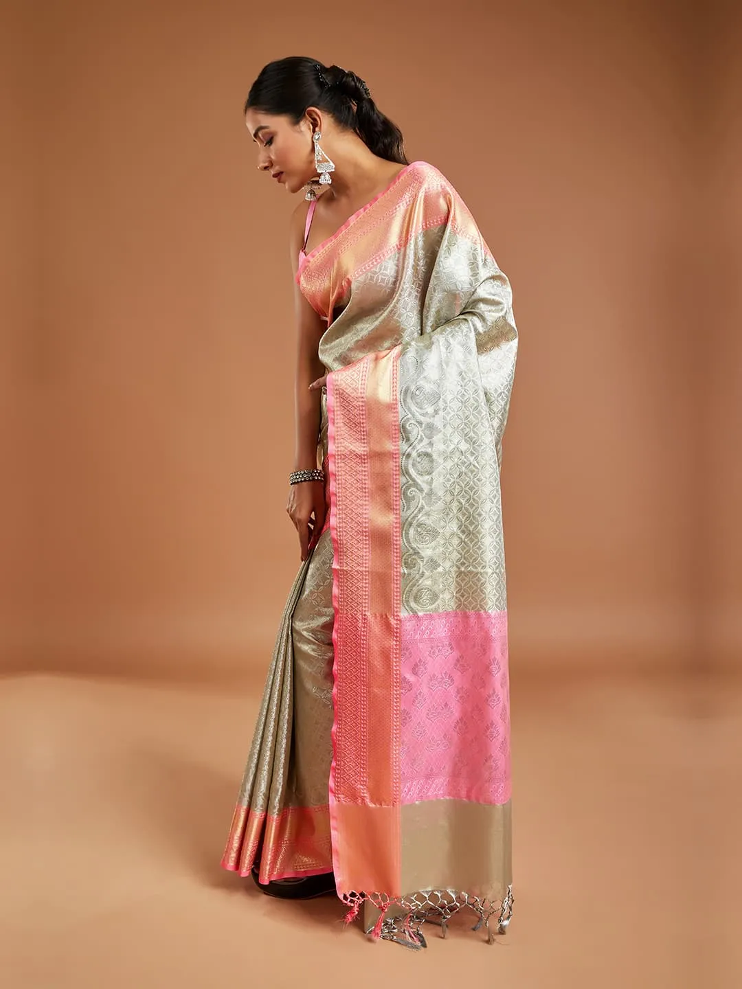 Elegant Grey and Pink Color Tissue Saree