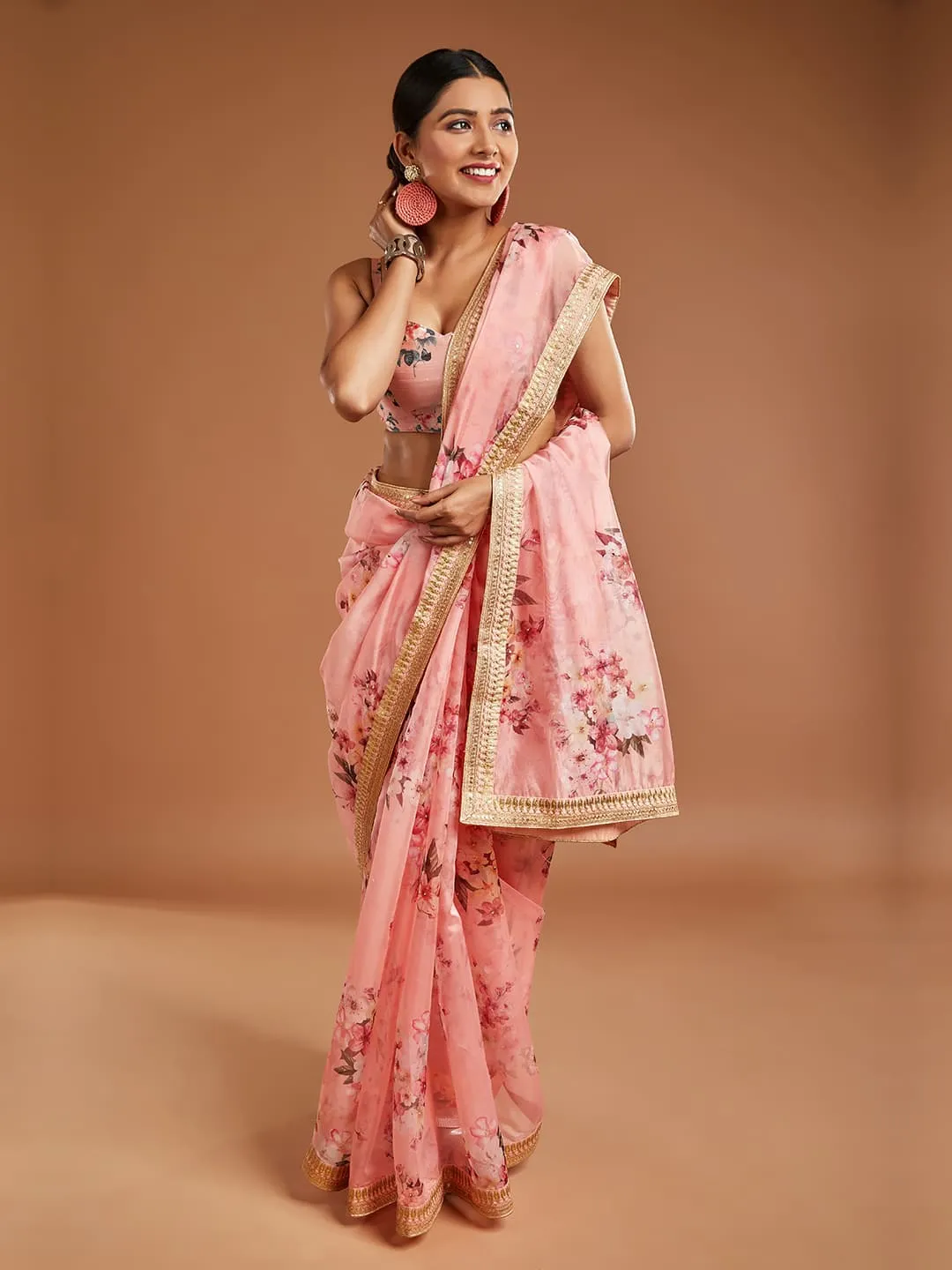 Elegant Pink And Multi-Color Tissue Saree With Golden Border