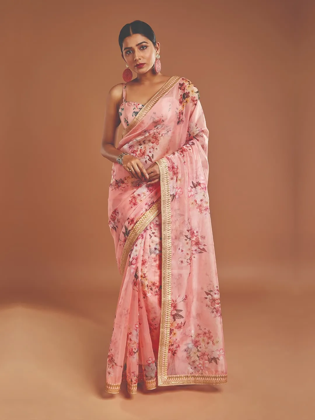 Elegant Pink And Multi-Color Tissue Saree With Golden Border