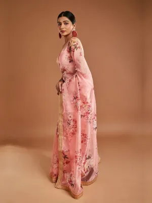 Elegant Pink And Multi-Color Tissue Saree With Golden Border