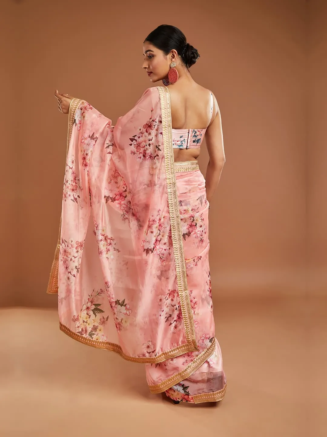 Elegant Pink And Multi-Color Tissue Saree With Golden Border