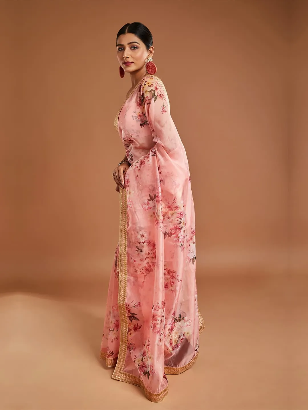 Elegant Pink And Multi-Color Tissue Saree With Golden Border