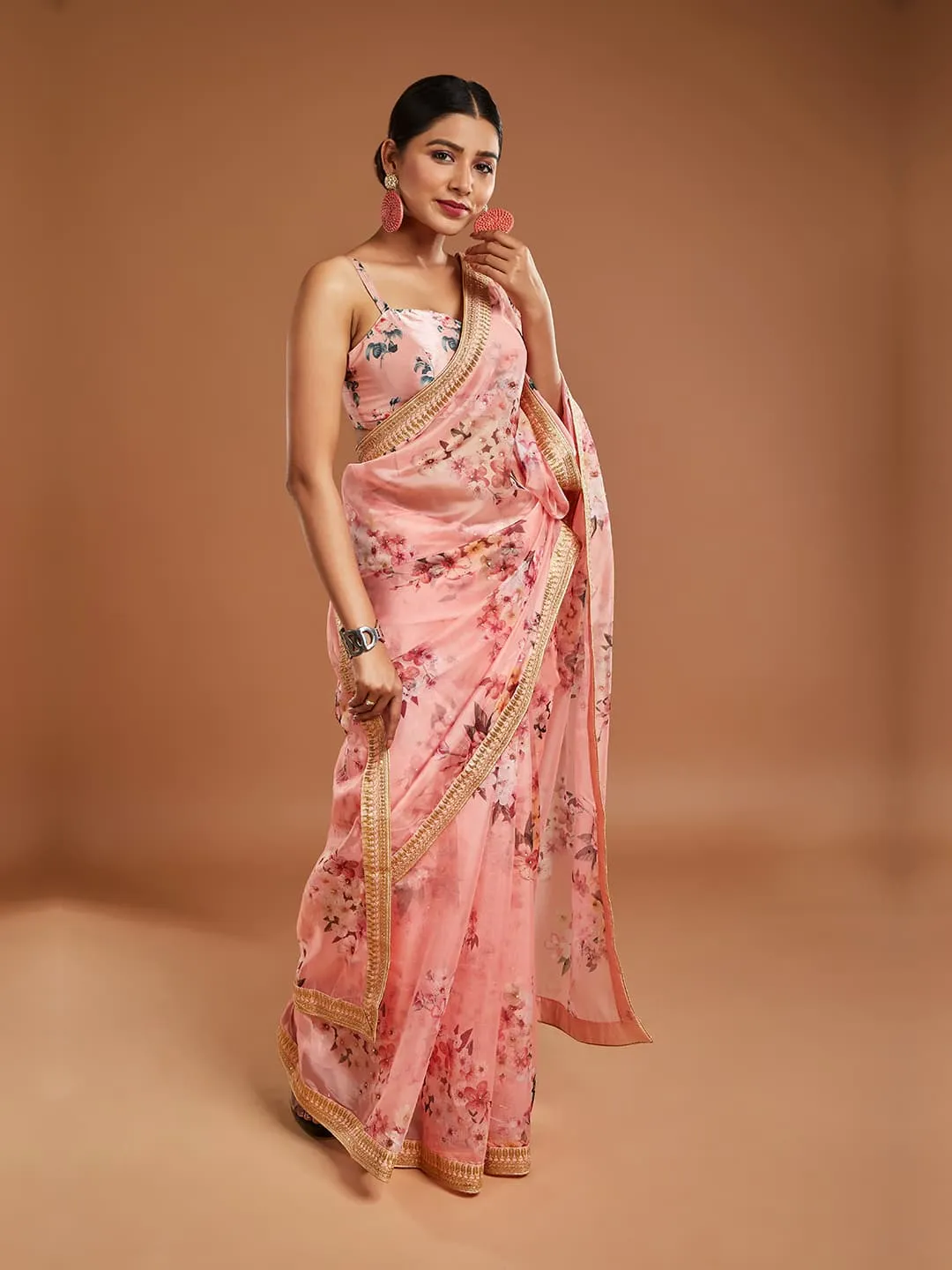 Elegant Pink And Multi-Color Tissue Saree With Golden Border