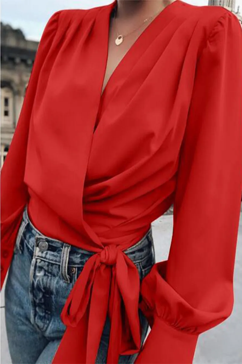 Elegant Print Frenulum Solid Color V Neck Blouses(4 Colors)