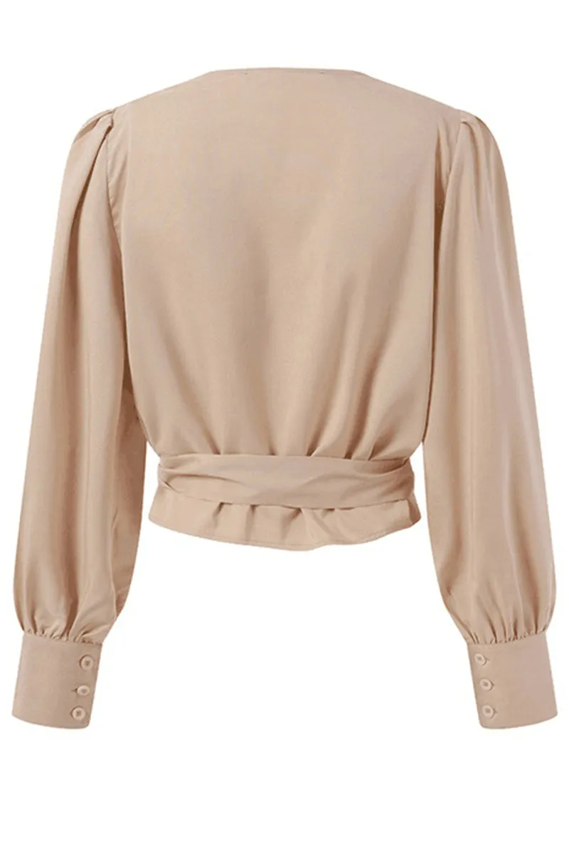 Elegant Print Frenulum Solid Color V Neck Blouses(4 Colors)