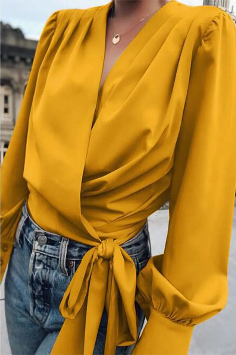 Elegant Print Frenulum Solid Color V Neck Blouses(4 Colors)
