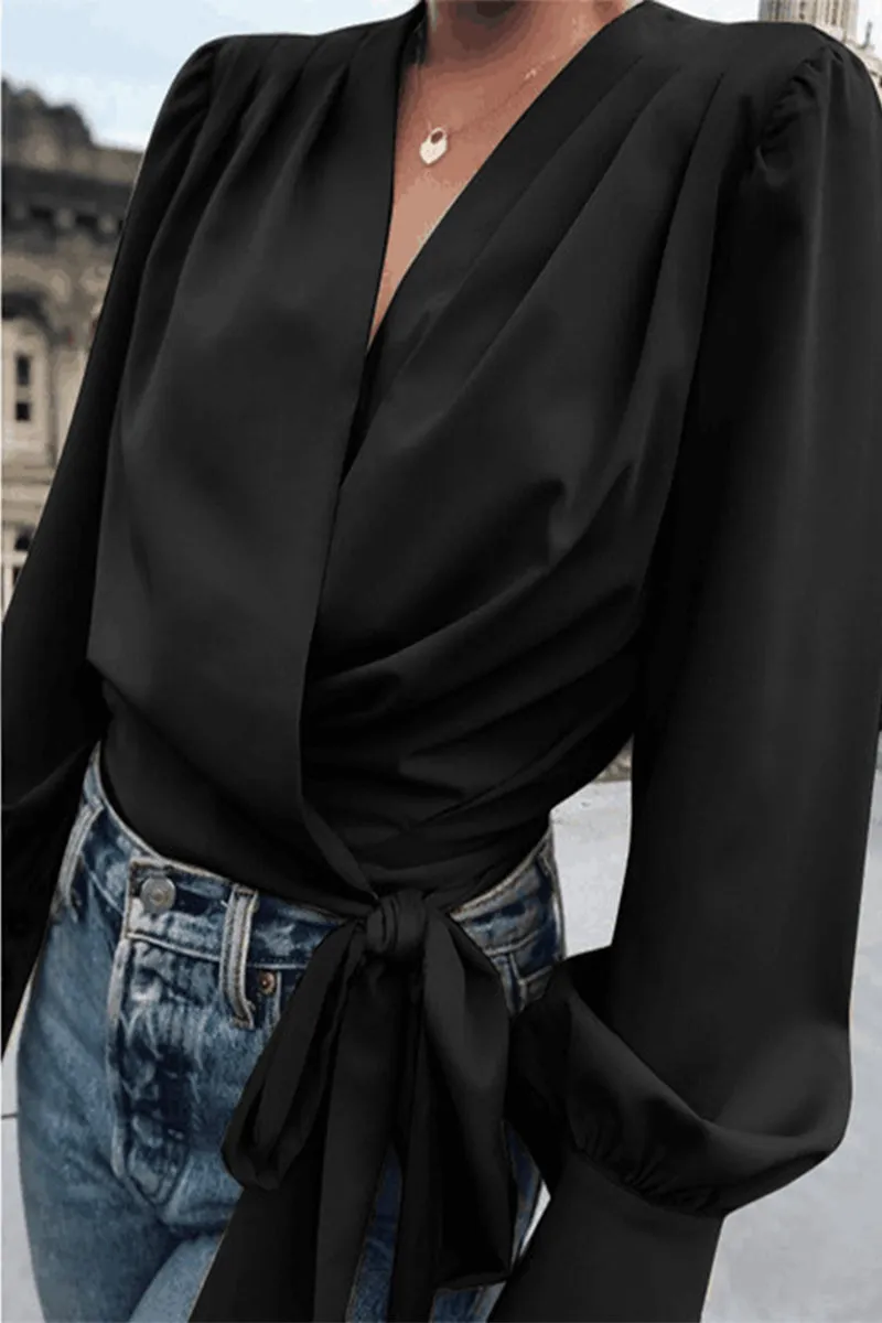 Elegant Print Frenulum Solid Color V Neck Blouses(4 Colors)