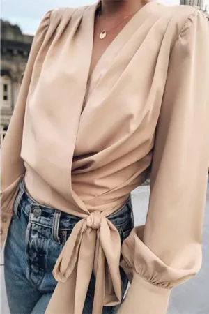 Elegant Print Frenulum Solid Color V Neck Blouses(4 Colors)