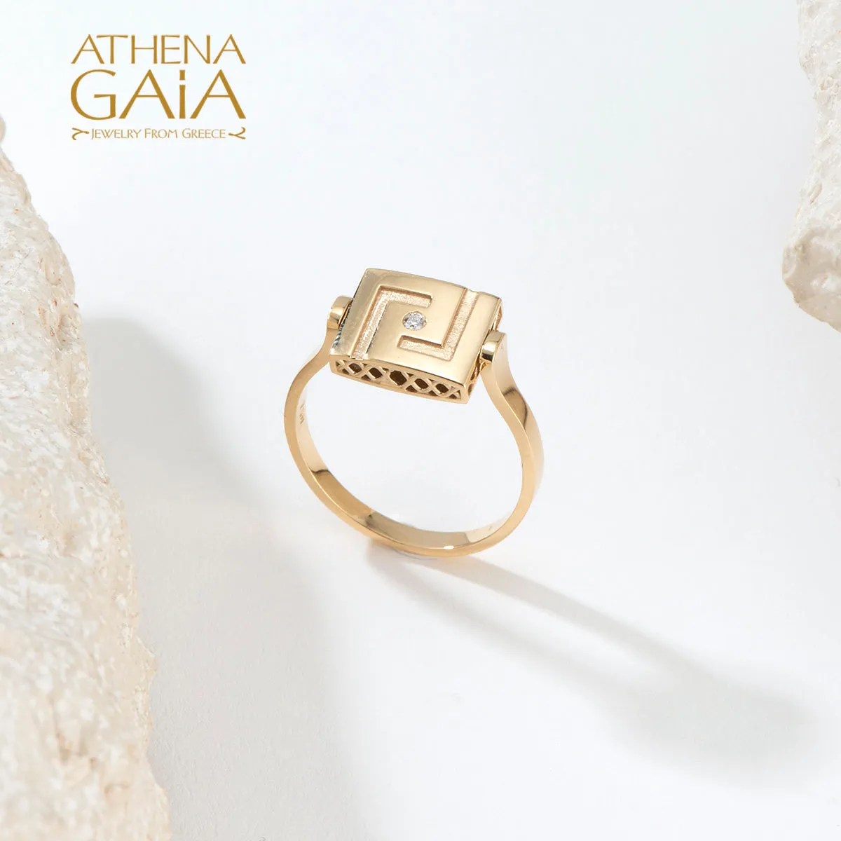 Elegant Rotating Greek Key Enamel Ring