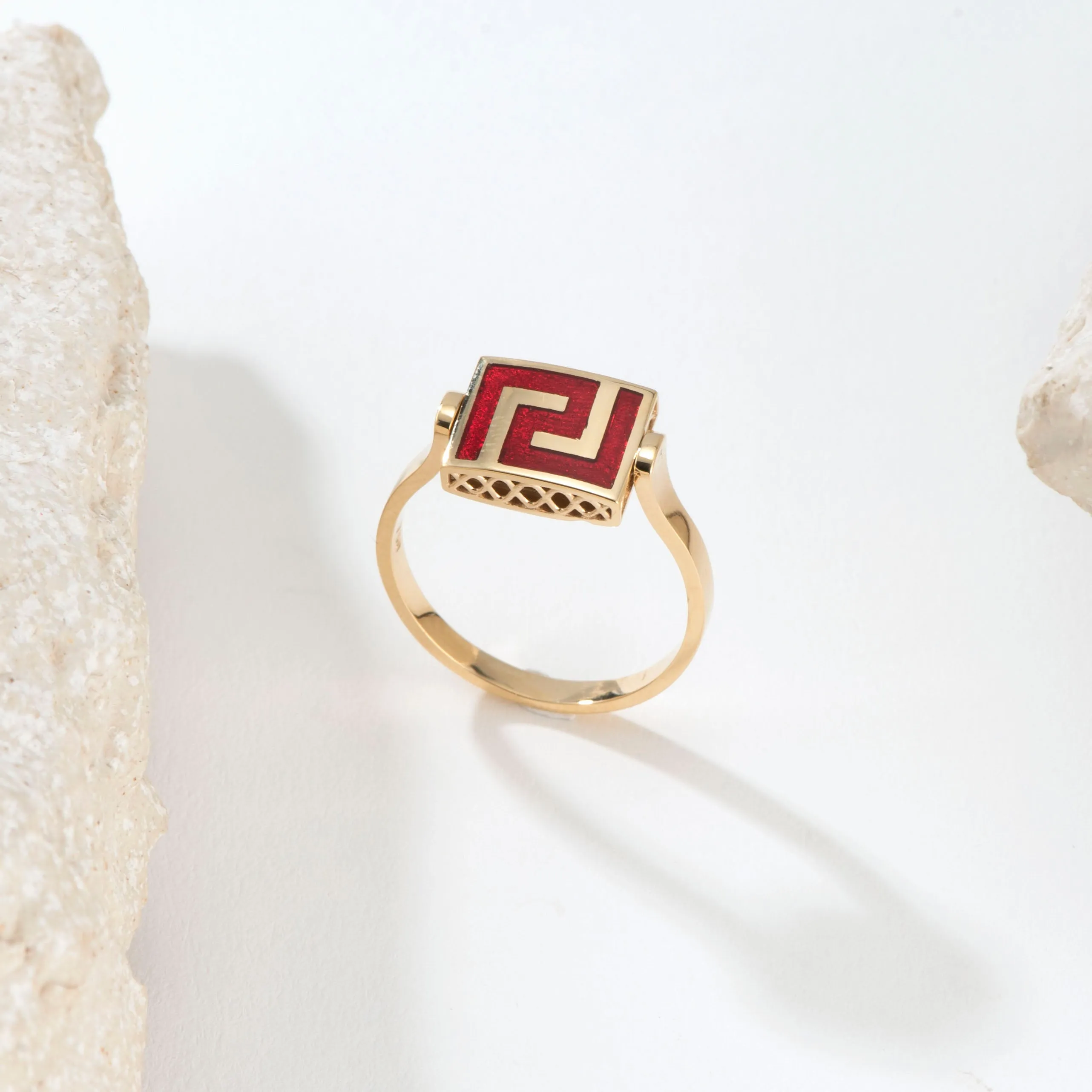 Elegant Rotating Greek Key Enamel Ring