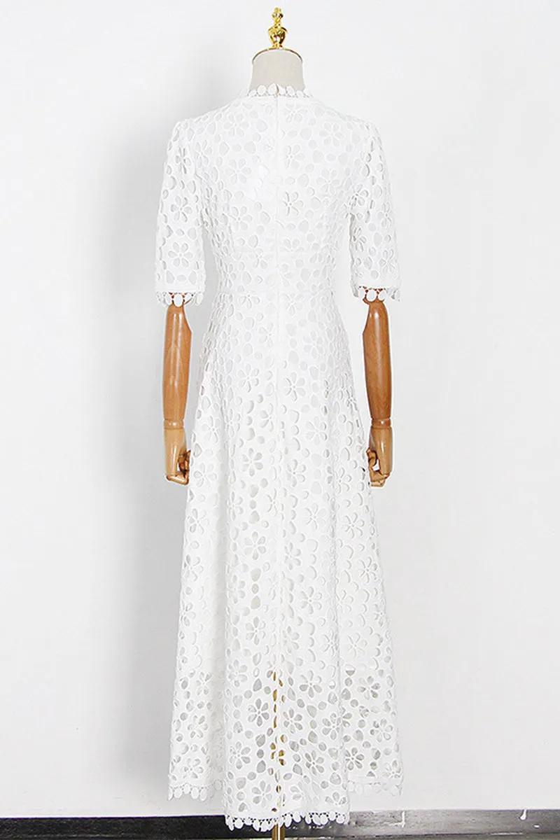 Elegant Solid Hollowed Out V Neck Waist Skirt Short Sleeve Dress