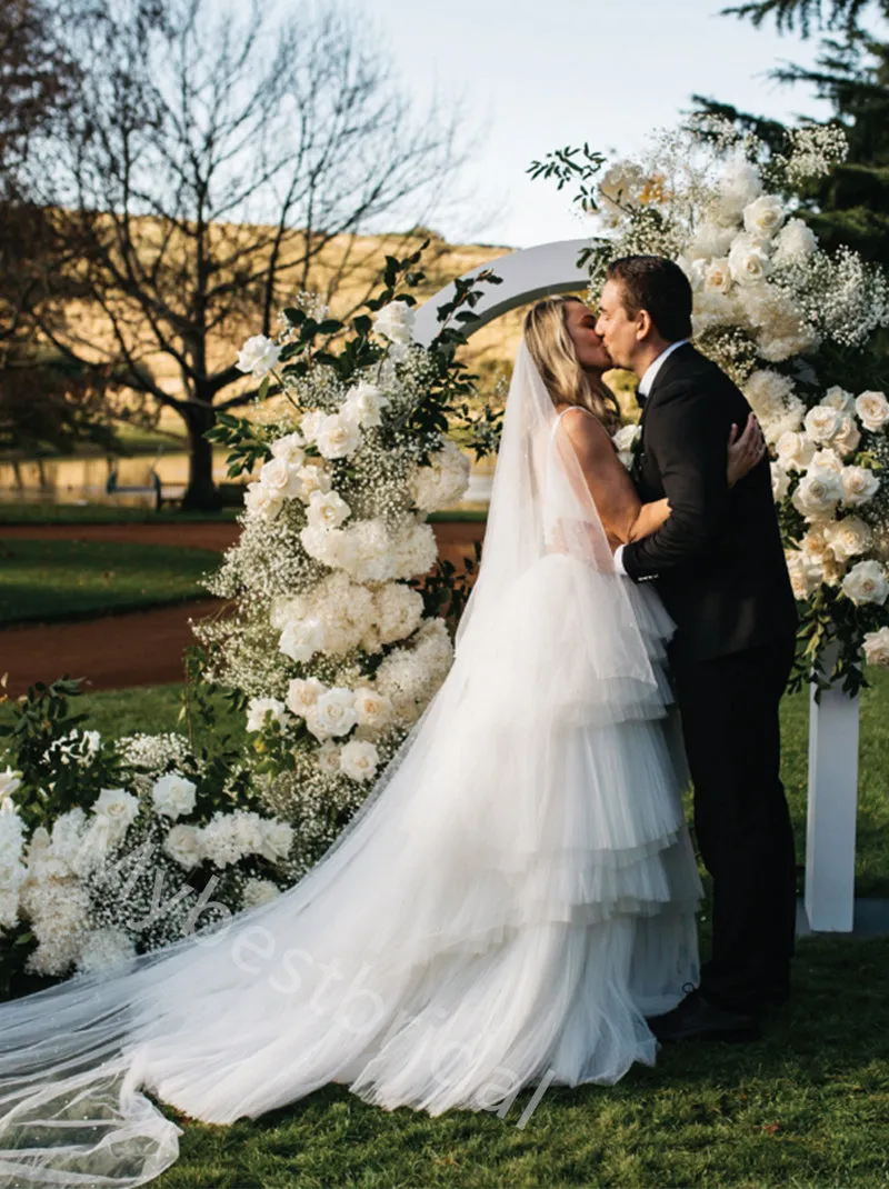 Elegant Spaghetti Straps Sleeveless Ruffle A-line Wedding Dresses, WDY0350