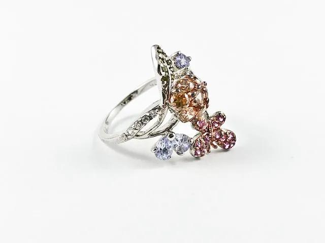 Elegant Unique Multi Floral Multi Color Design Silver Ring