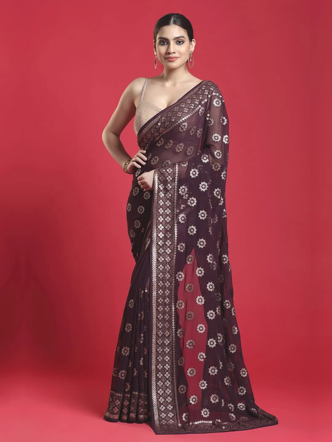 Elegant Wine Color Georgette Saree with Silver Work All over