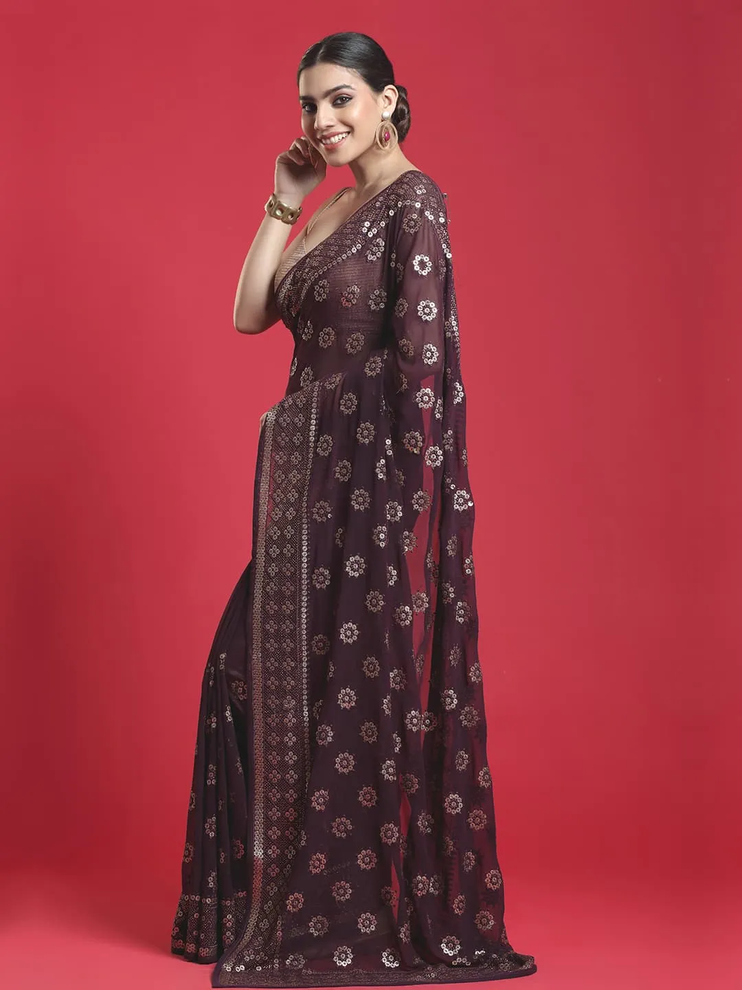 Elegant Wine Color Georgette Saree with Silver Work All over
