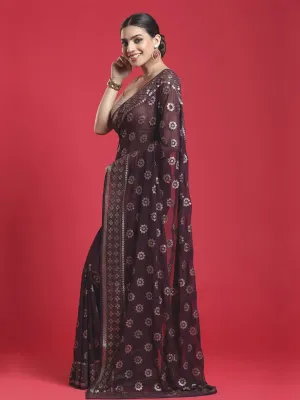 Elegant Wine Color Georgette Saree with Silver Work All over