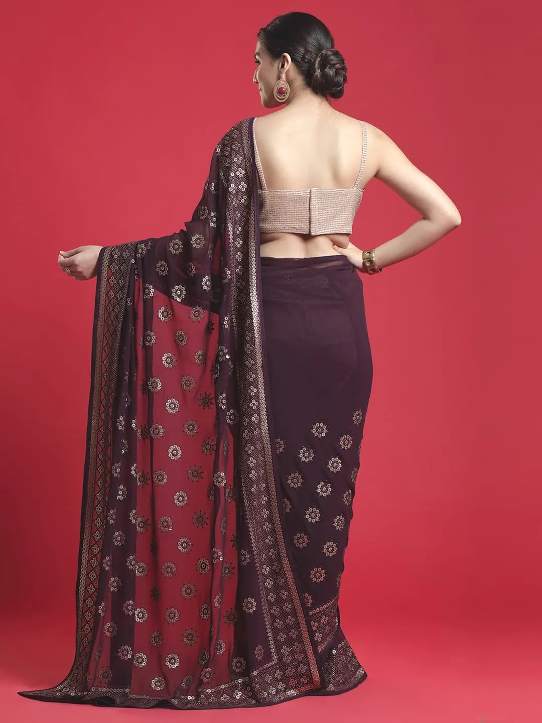 Elegant Wine Color Georgette Saree with Silver Work All over