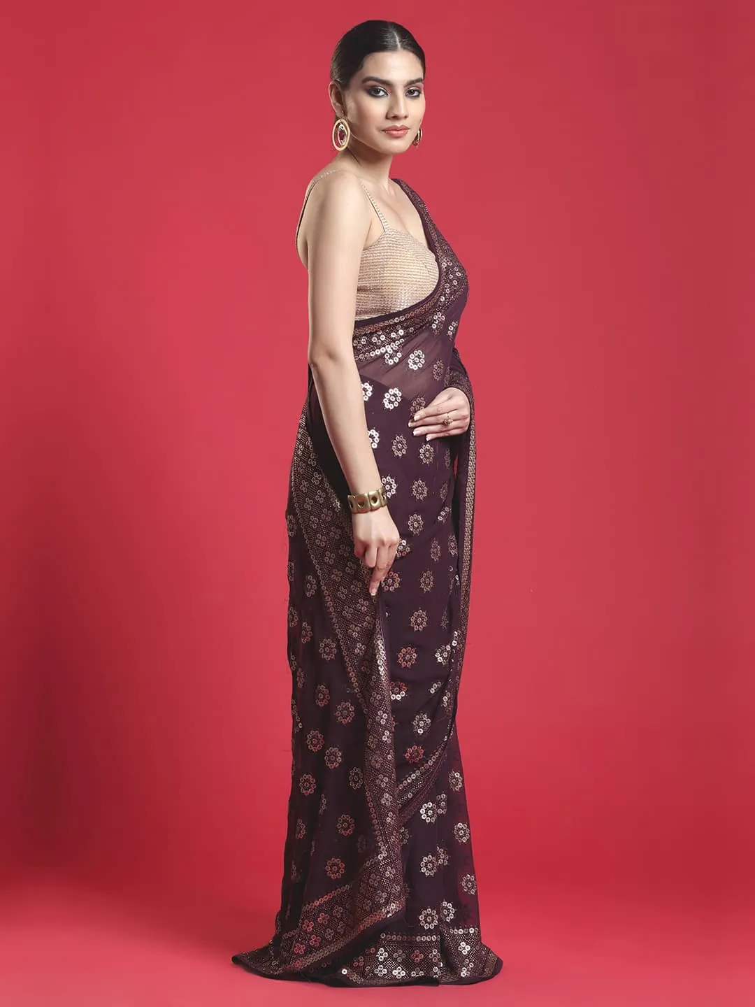Elegant Wine Color Georgette Saree with Silver Work All over