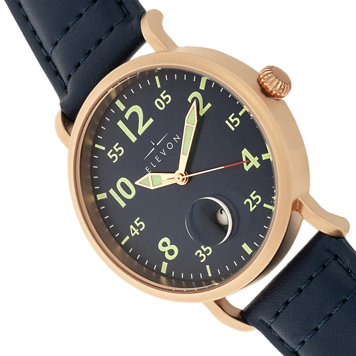 Elevon Von Braun Leather-Band Watch w/Date - Rose Gold/Blue