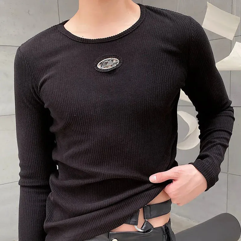 Fashion Niche Design Round Neck Long Sleeved Men's Tshirt Personality Solid Color Korean Fashion Male Tops 9A6757