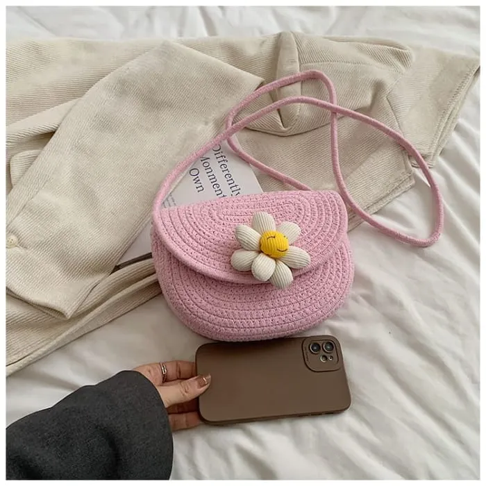 Floral Accent Woven Saddle Crossbody Bag