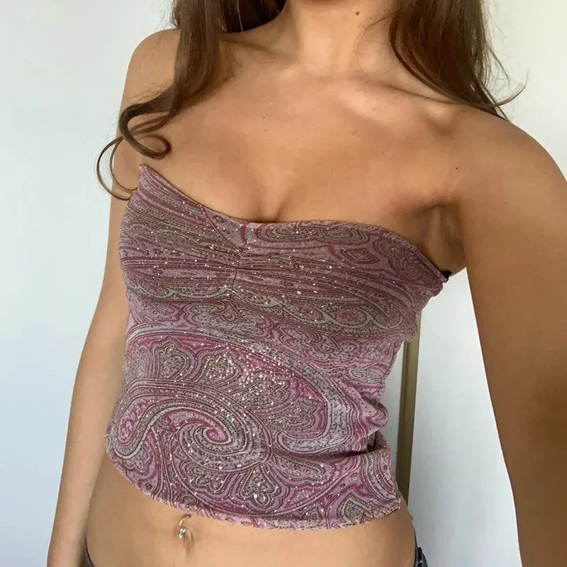 Flytonn-00s Vintage Rhinestone Print Purple Tube Top Women Sleeveless Off Shoulder Mini Tankt Top  Gothic Retro Graphic Y2K Crop Top