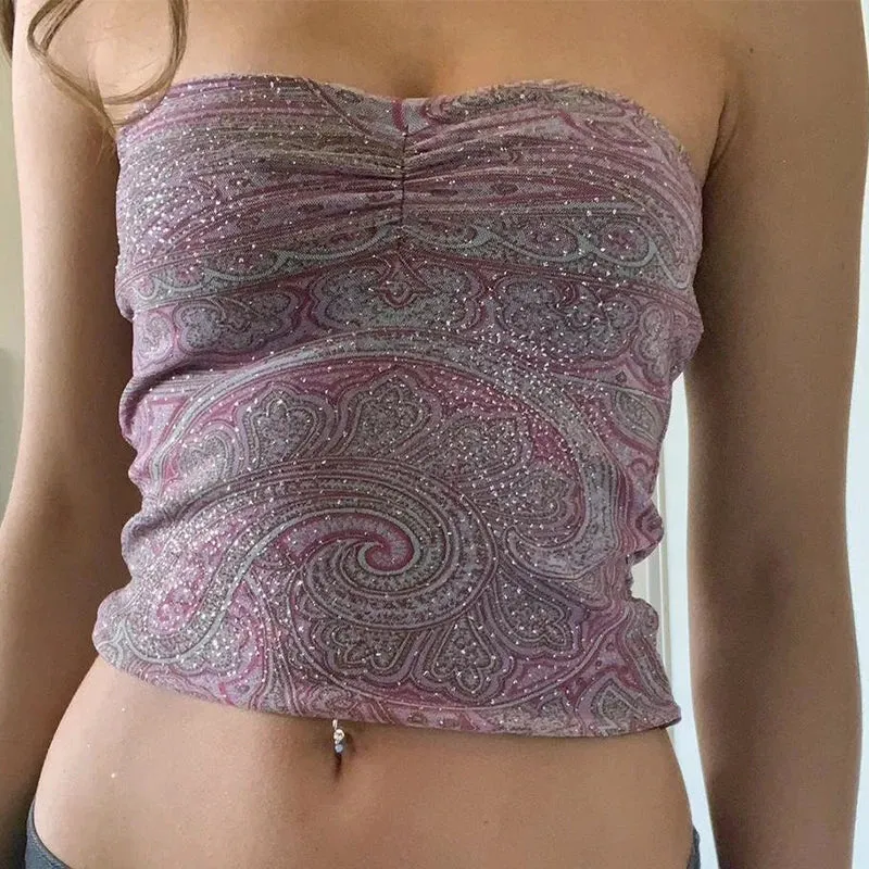 Flytonn-00s Vintage Rhinestone Print Purple Tube Top Women Sleeveless Off Shoulder Mini Tankt Top  Gothic Retro Graphic Y2K Crop Top