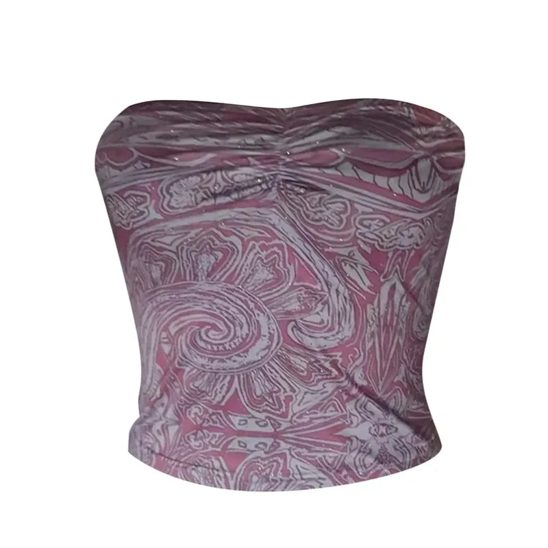 Flytonn-00s Vintage Rhinestone Print Purple Tube Top Women Sleeveless Off Shoulder Mini Tankt Top  Gothic Retro Graphic Y2K Crop Top
