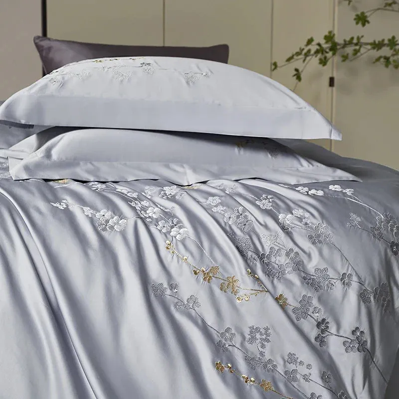 Flytonn-1000TC Egyptian Cotton Flowers Embroidery Bedding Set 200x230cm/220x240cm Duvet Cover Set Bed Sheet Pillowcases Home Textiles