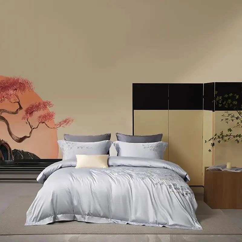 Flytonn-1000TC Egyptian Cotton Flowers Embroidery Bedding Set 200x230cm/220x240cm Duvet Cover Set Bed Sheet Pillowcases Home Textiles