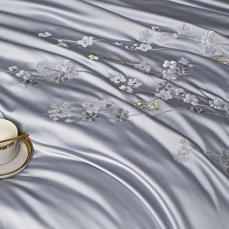 Flytonn-1000TC Egyptian Cotton Flowers Embroidery Bedding Set 200x230cm/220x240cm Duvet Cover Set Bed Sheet Pillowcases Home Textiles