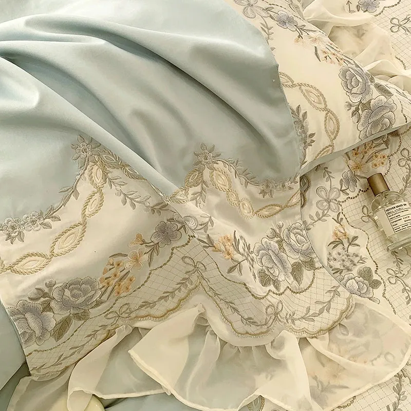 Flytonn-1000TC Egyptian Cotton Romantic French Princess Bedding Set Rose Embroidery Lace Ruffles Duvet Cover Set Bed Sheet Pillowcases